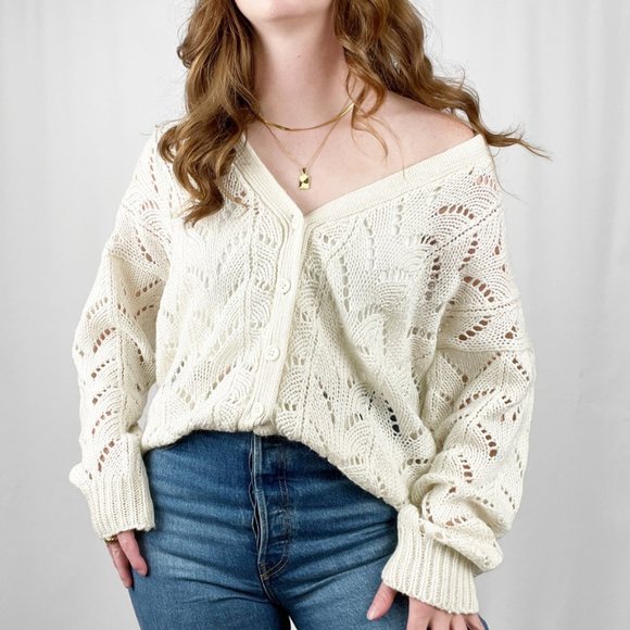 Stunning Vintage Oversized Open Crochet Cable Knit Cardigan Sweater Jumper White - Picture 7 of 7